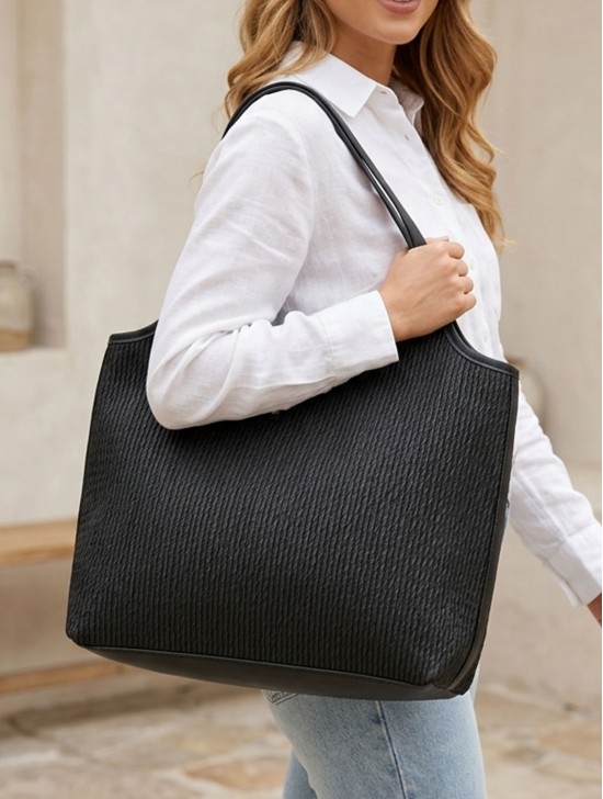 Faux Leather Ribbed Satchel Bag with Strap 